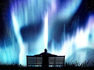 Preview wallpaper northern lights, bench, loneliness, photoshop, starry sky