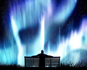 Preview wallpaper northern lights, bench, loneliness, photoshop, starry sky