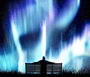 Preview wallpaper northern lights, bench, loneliness, photoshop, starry sky