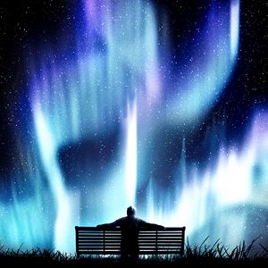 Preview wallpaper northern lights, bench, loneliness, photoshop, starry sky