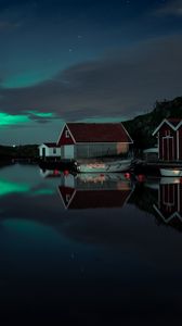 Preview wallpaper northern lights, building, night, coast