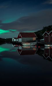 Preview wallpaper northern lights, building, night, coast