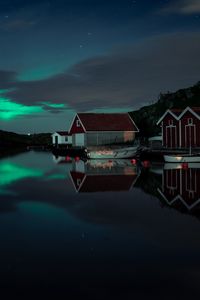 Preview wallpaper northern lights, building, night, coast