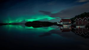 Preview wallpaper northern lights, building, night, coast