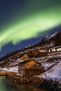 Preview wallpaper northern lights, building, slope, coast