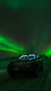 Preview wallpaper northern lights, car, starry sky, road, winter