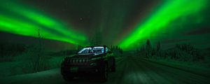 Preview wallpaper northern lights, car, starry sky, road, winter