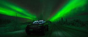 Preview wallpaper northern lights, car, starry sky, road, winter