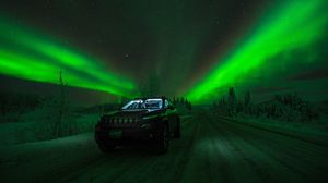 Preview wallpaper northern lights, car, starry sky, road, winter