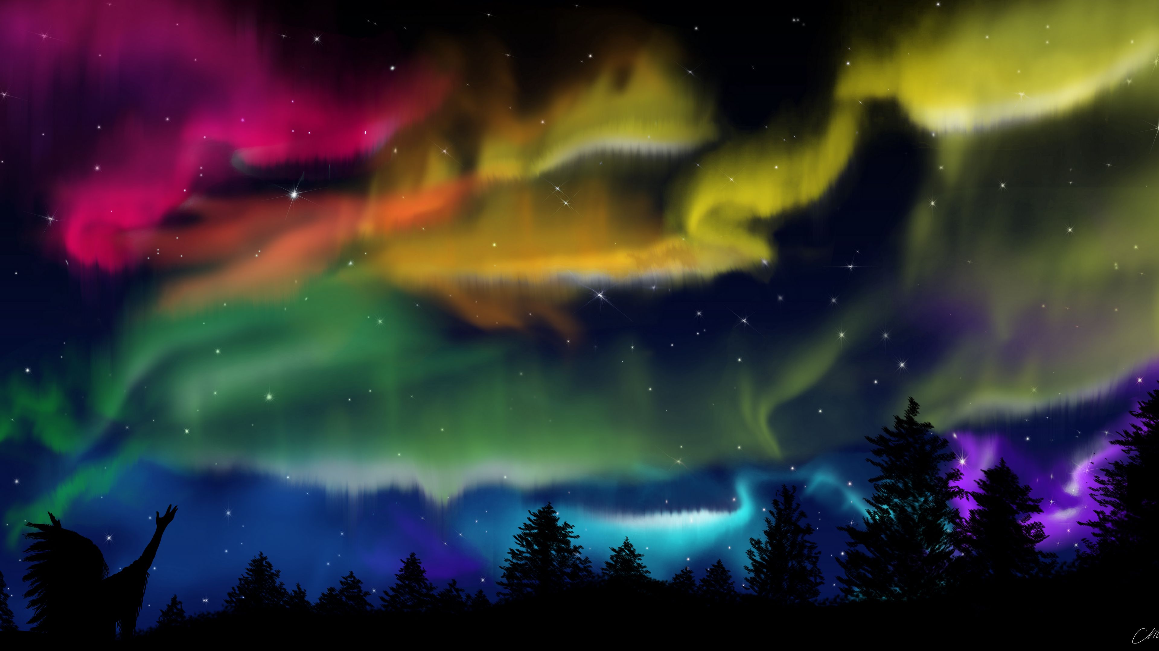 Download wallpaper 3840x2160 northern lights, silhouette, shaman