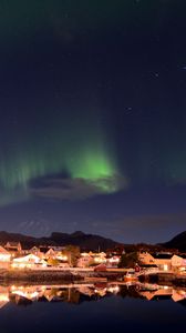 Preview wallpaper northern lights, houses, buildings, reflection, lake, night