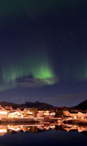 Preview wallpaper northern lights, houses, buildings, reflection, lake, night