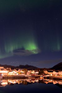 Preview wallpaper northern lights, houses, buildings, reflection, lake, night