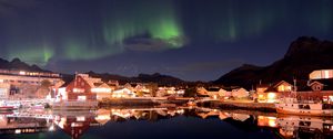 Preview wallpaper northern lights, houses, buildings, reflection, lake, night