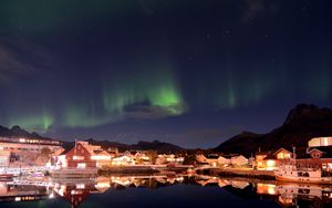 Preview wallpaper northern lights, houses, buildings, reflection, lake, night