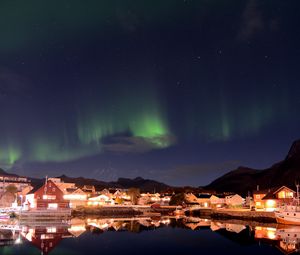 Preview wallpaper northern lights, houses, buildings, reflection, lake, night