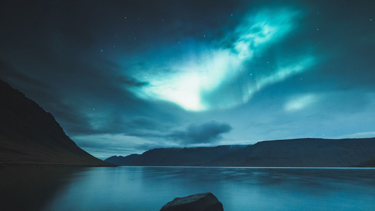Wallpaper northern lights, lake, mountains, night, sky