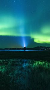 Preview wallpaper northern lights, man, night, glow