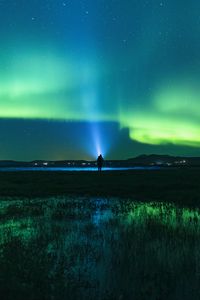 Preview wallpaper northern lights, man, night, glow