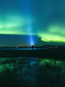 Preview wallpaper northern lights, man, night, glow
