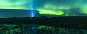 Preview wallpaper northern lights, man, night, glow, flashlight