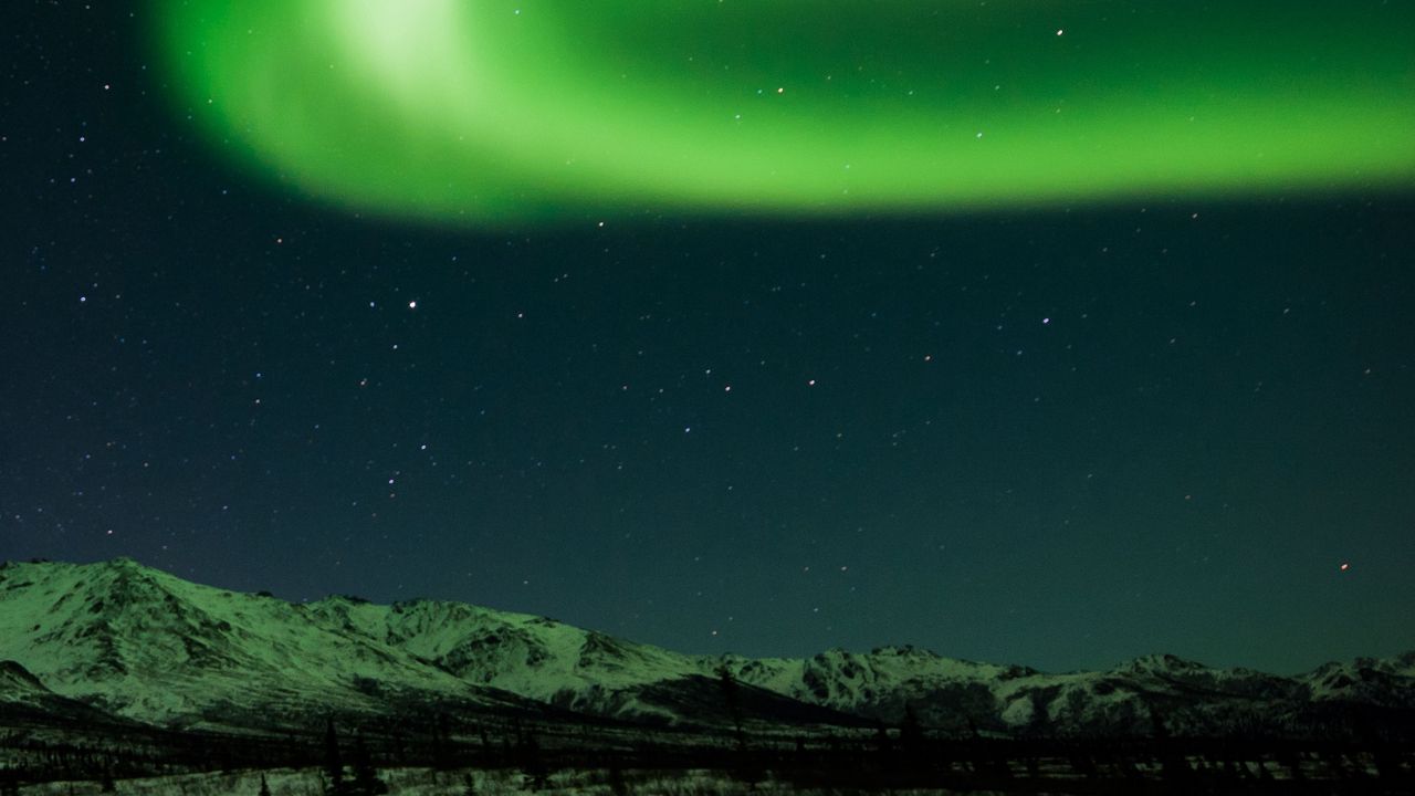 Wallpaper northern lights, mountains, night, starry sky, green, north