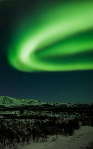 Preview wallpaper northern lights, mountains, night, starry sky, green, north