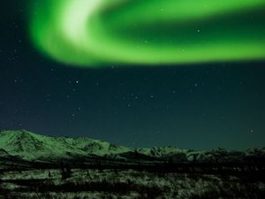 Preview wallpaper northern lights, mountains, night, starry sky, green, north