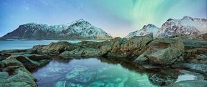 Preview wallpaper northern lights, mountains, rocks, lake, snowy