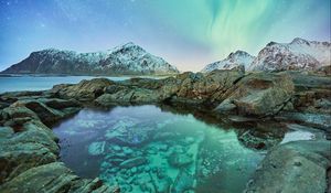 Preview wallpaper northern lights, mountains, rocks, lake, snowy