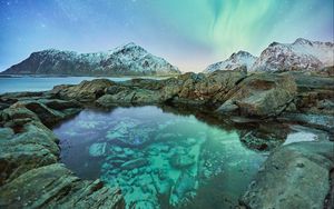 Preview wallpaper northern lights, mountains, rocks, lake, snowy