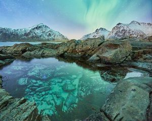 Preview wallpaper northern lights, mountains, rocks, lake, snowy