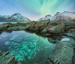 Preview wallpaper northern lights, mountains, rocks, lake, snowy