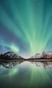Preview wallpaper northern lights, mountains, snow, reflection, lofoten islands, norway