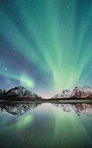 Preview wallpaper northern lights, mountains, snow, reflection, lofoten islands, norway