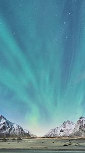 Preview wallpaper northern lights, mountains, snow, snowy, landscape