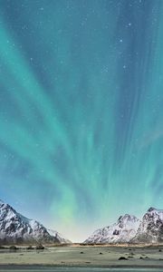 Preview wallpaper northern lights, mountains, snow, snowy, landscape