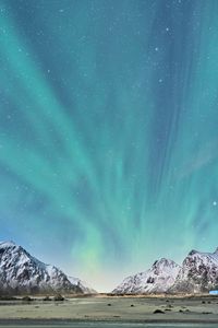 Preview wallpaper northern lights, mountains, snow, snowy, landscape