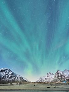 Preview wallpaper northern lights, mountains, snow, snowy, landscape