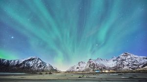 Preview wallpaper northern lights, mountains, snow, snowy, landscape