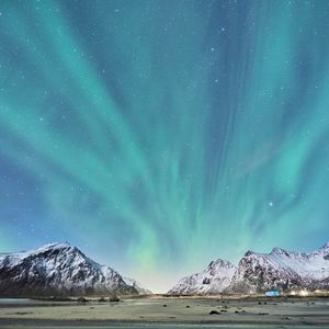 Preview wallpaper northern lights, mountains, snow, snowy, landscape