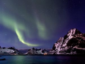 Preview wallpaper northern lights, mountains, water, night, north