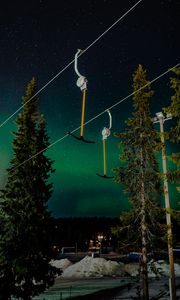 Preview wallpaper northern lights, night, nature, trees, ski lift