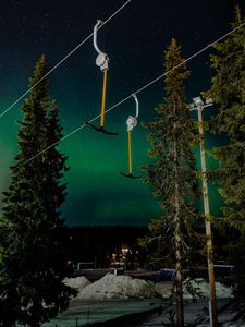 Preview wallpaper northern lights, night, nature, trees, ski lift