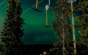 Preview wallpaper northern lights, night, nature, trees, ski lift