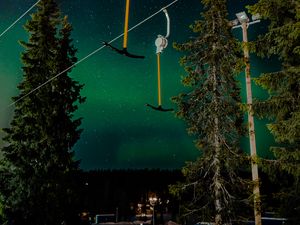 Preview wallpaper northern lights, night, nature, trees, ski lift