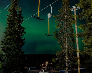 Preview wallpaper northern lights, night, nature, trees, ski lift