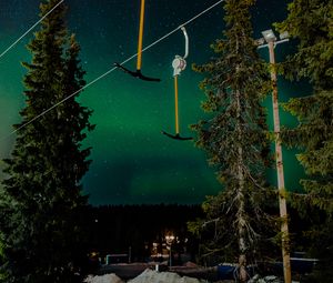 Preview wallpaper northern lights, night, nature, trees, ski lift