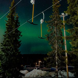 Preview wallpaper northern lights, night, nature, trees, ski lift