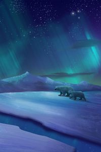 Preview wallpaper northern lights, polar bears, bears, ice, cranny, art